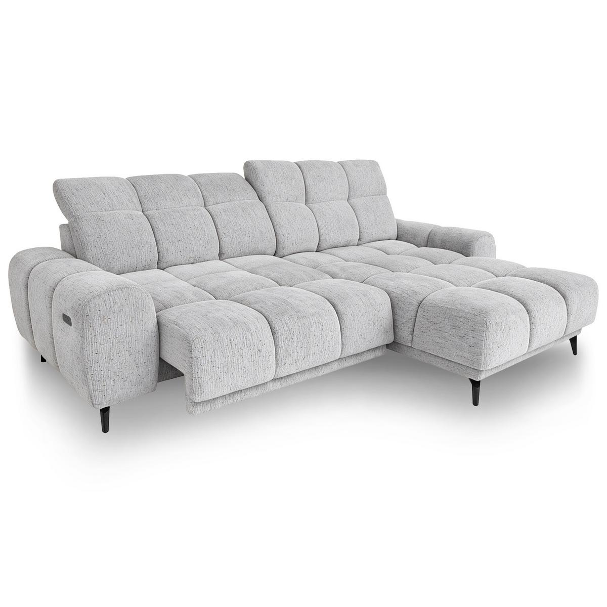 ECKSOFA Marco Mini mit elektrisch ausfahrbarem Sitz und verstellbaren Kopfstützen, Rechts, Chenille-Stoff, Hellgrau - Hellgrau/Schwarz, Textil (275/182cm) - Beautysofa