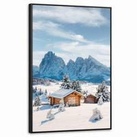 LEINWAND Bilder mit Rahmen - Winter - Hütte - Berge - Aussicht - Schnee - 60x90 - Eichefarben, Textil (60/90cm) - MuchoWow