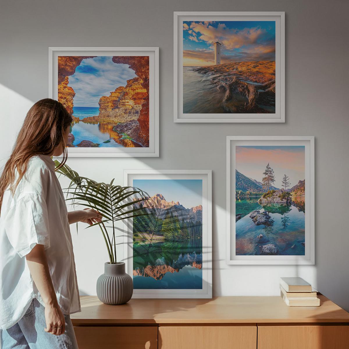 BILDER SET 4er Set - 50x50 cm & 40x60 cm Weißer Rahmen - Spiegelung der Felsen in Bergseen - Weiß, Kunststoff (50/50cm) - TULUP