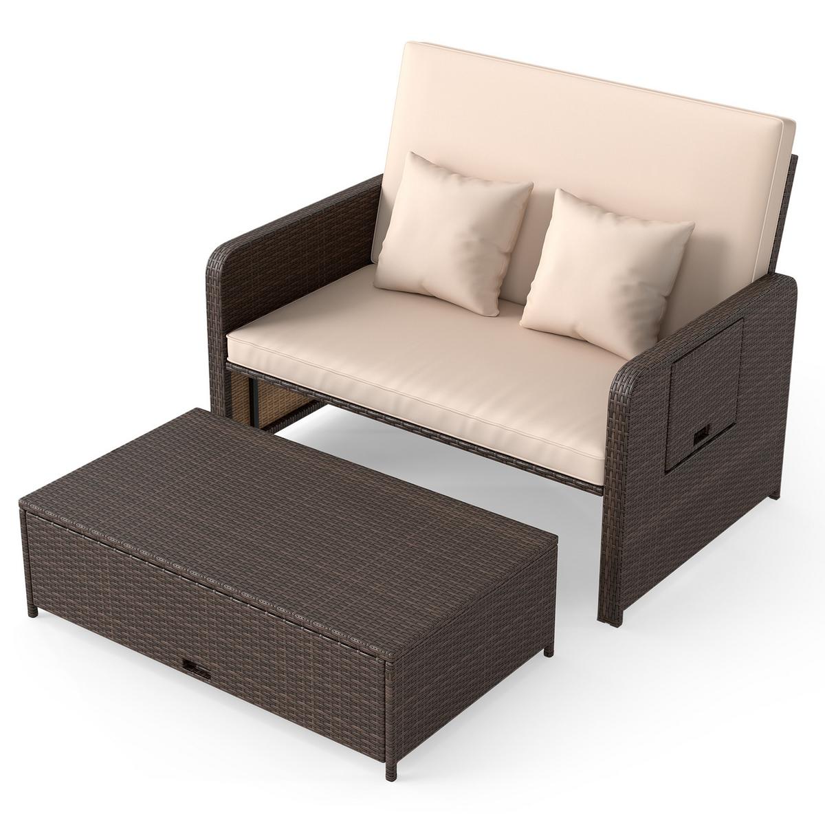 SONNENLIEGE mit Hocker und Stauraum braun - Braun, Metall (166/55/111cm) - COSTWAY