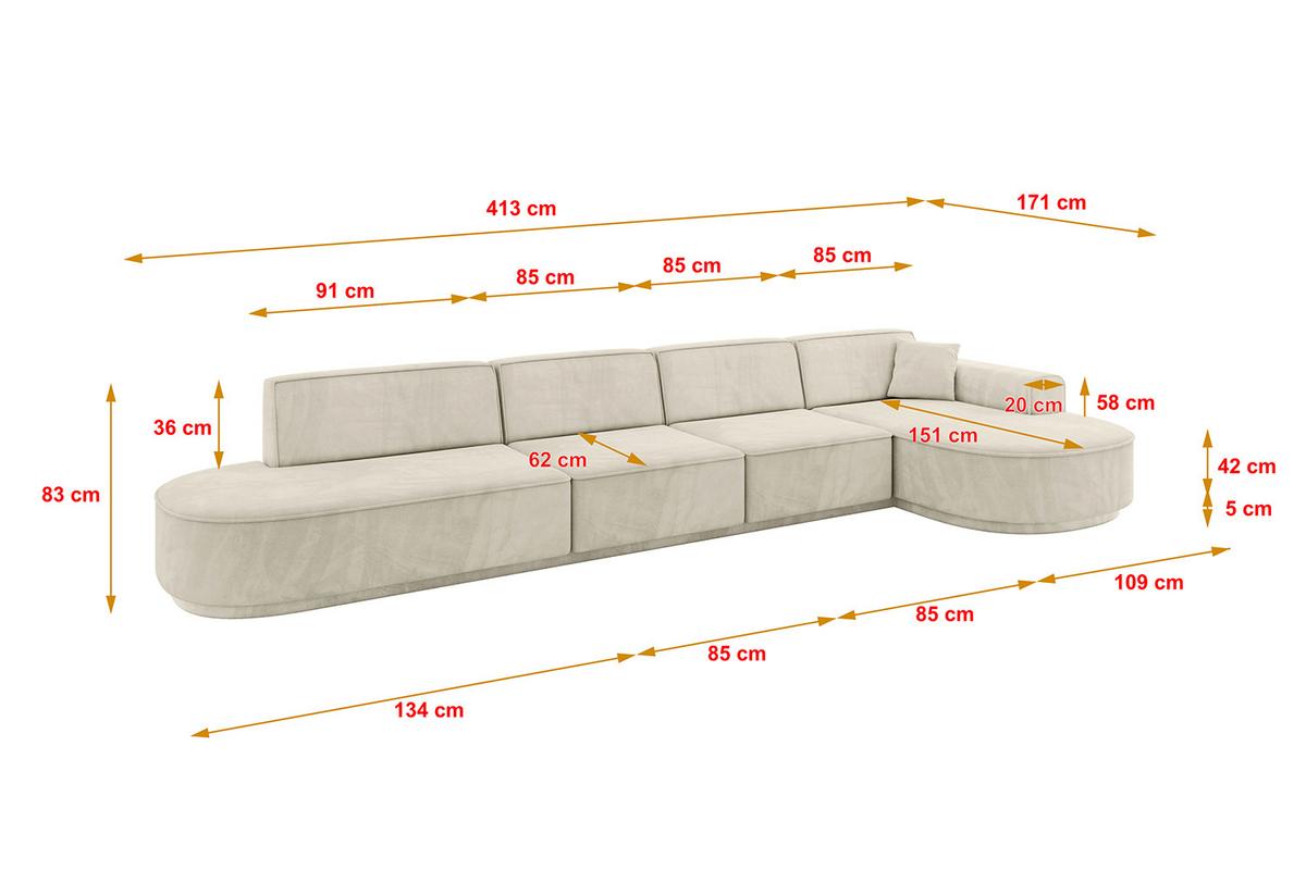 ECKSOFA Ottomane Rechts MARI-L3-v3 - 413x171x83 cm Ecru Velours - Ecru/Schwarz, Holzwerkstoff/Kunststoff (171/413cm) - ALTDECOR