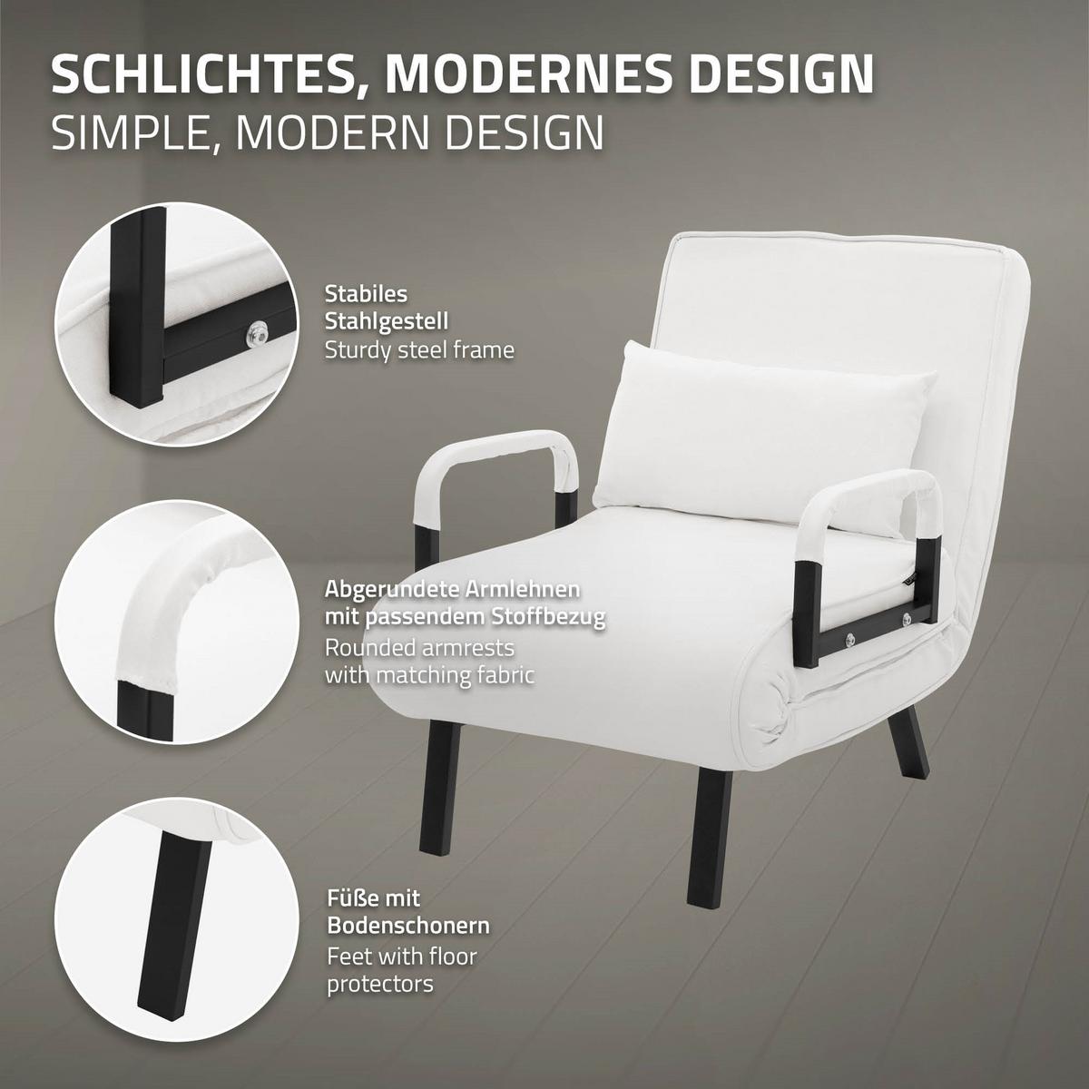 SCHLAFSESSEL mit Bettfunktion Weiß 186x60 cm Bettsessel klappbar mit Stahlrahmen & Chenille - Schwarz/Weiß, Textil/Metall (65/82/87cm) - ML-DESIGN