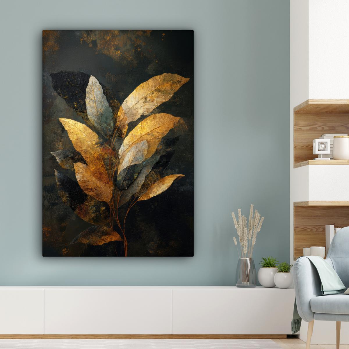 LEINWANDBILD Golden Leaf Komposition - Botanical Luxury Deko Groß 90x140 cm - Goldfarben/Schwarz, Textil (90/140cm) - MuchoWow