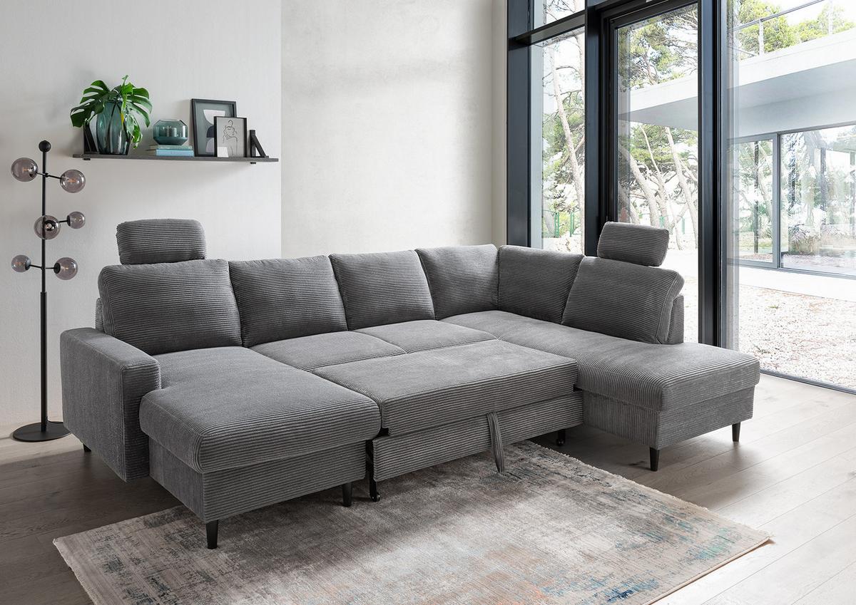 WOHNLANDSCHAFT mit Schlaffunktion Bettkasten Wellenunterfederung, 2 Kopfstützen, U-Form B305/T200/H88 cm, Cord Dunkelgrau / 17206 - Dunkelgrau/Anthrazit, Holz/Textil (305/88/200cm) - luma-home