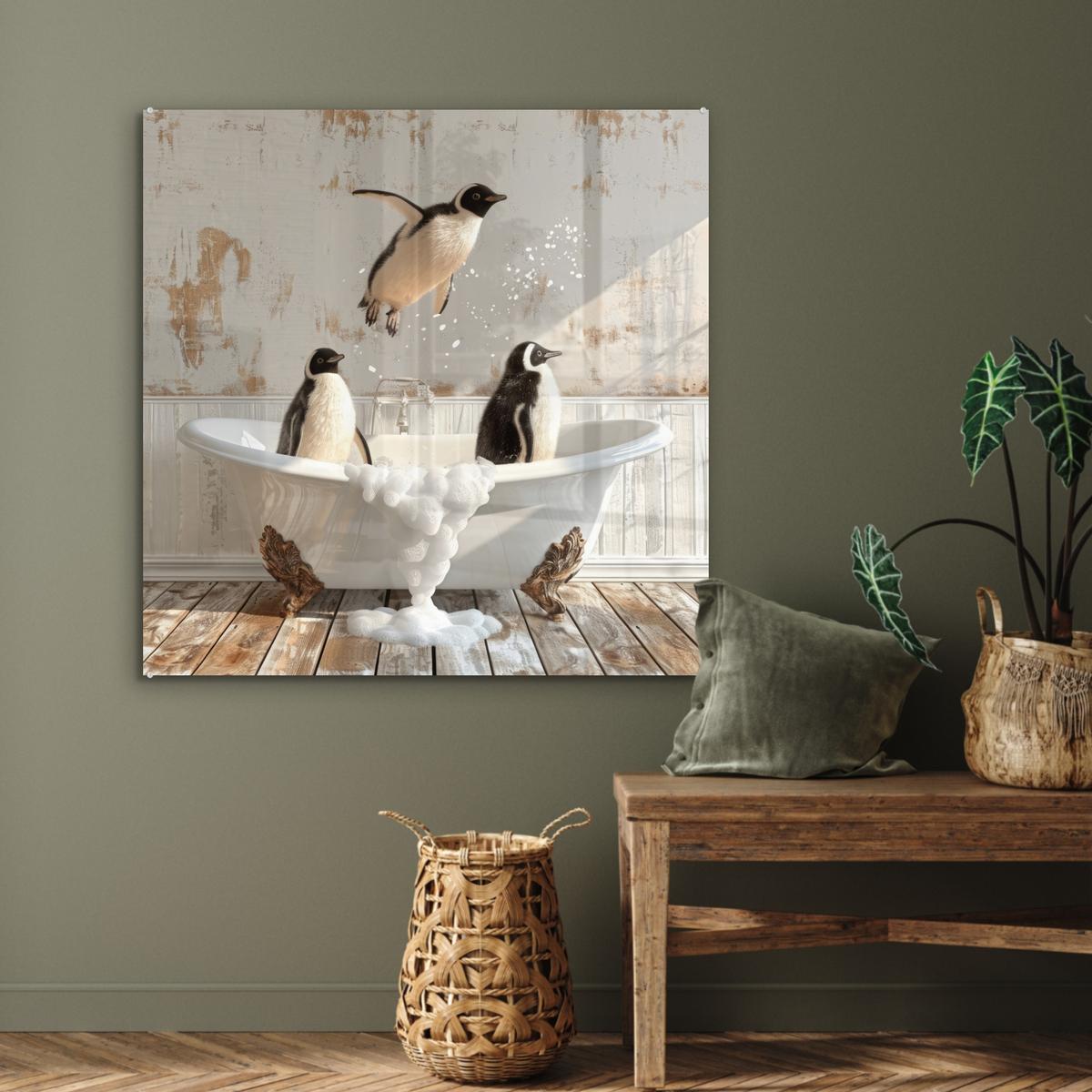 ACRYLGLASBILD Vintage - Pinguin - Badewanne - Schaumstoff 90x90 cm - Schwarz, Glas (90/90cm) - MuchoWow