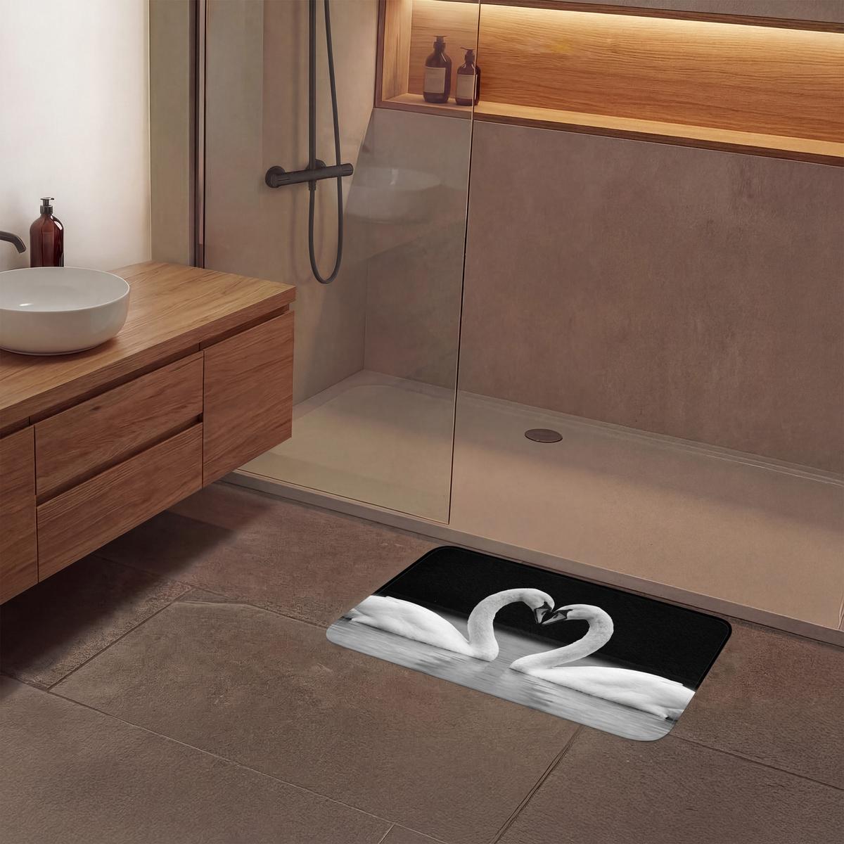 BADEMATTE Schwäne - Herz - Schwarz - Weiß 80x50 cm - Schwarz, Textil (80/50cm) - OnlyWow