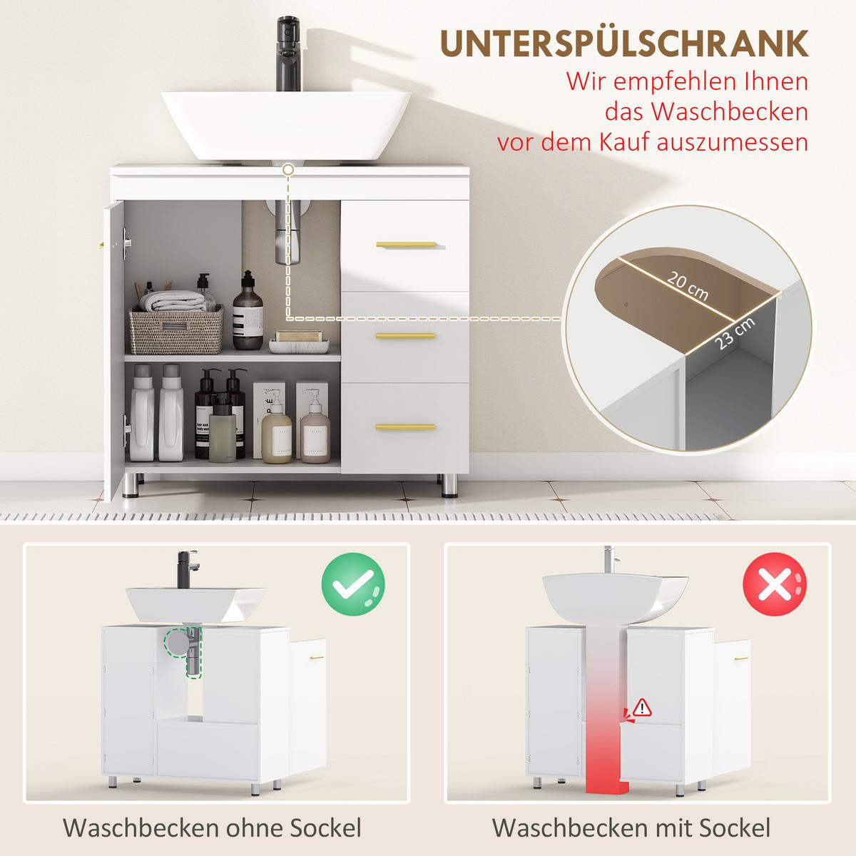 WASCHBECKENUNTERSCHRANK mit Schrankfach, 3 Schublade Weiß - Weiß, Holzwerkstoff (70/65/30cm) - HOMCOM