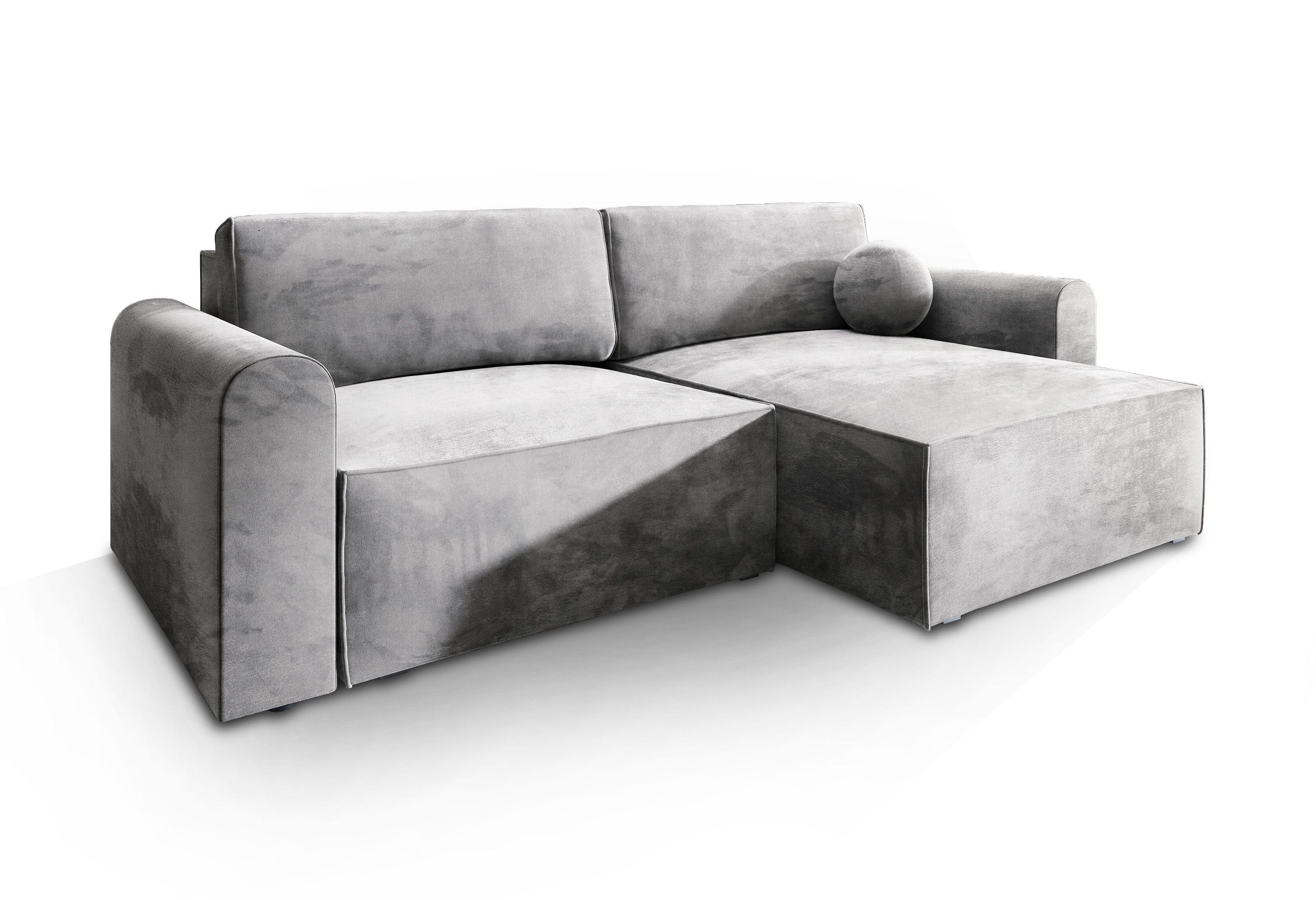ECKSOFA FIANO M Hellgrau Velours-Stoff mit Schlaffunktion - Hellgrau/Grau, Holz/Kunststoff (245/148cm) - MASSENO