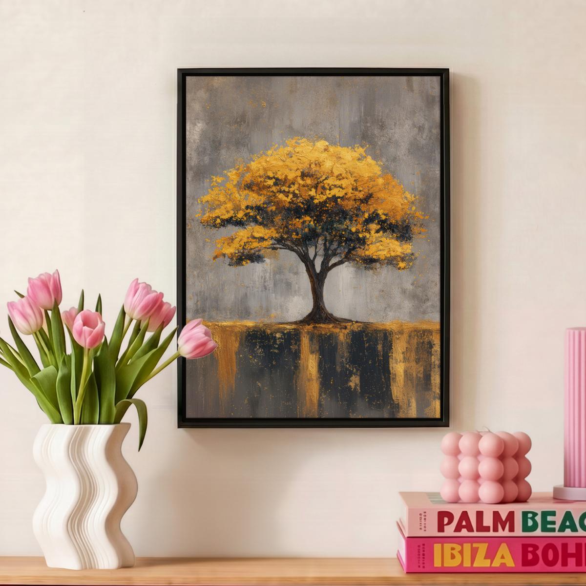 LEINWAND Bilder mit Rahmen - Baum - Blätter - Gold - Abstrakt - 30x40 - Grau, Textil (30/40cm) - MuchoWow
