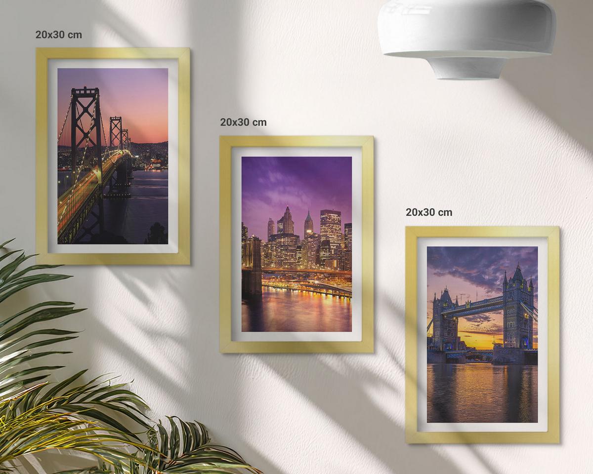 BILDER SET 3er Set - 20x30 cm Goldrahmen - Brücken, Sonne, Stadtblick - Goldfarben, Kunststoff (20/30cm) - TULUP