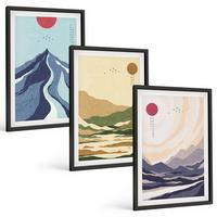 BILDER SET 3er Set - 40x60 cm Schwarzer Rahmen - Pastellfarbene Berge im Japandi-Stil - Schwarz, Kunststoff (40/60cm) - TULUP