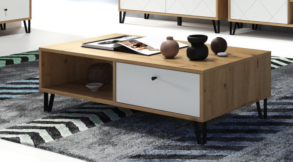COUCHTISCH weiß matt, Eiche Artisan 110 cm, Beistelltisch mit 2 x Schubkasten - Eichefarben/Schwarz, Holzwerkstoff/Kunststoff (60/110/37cm) - Top.Furn