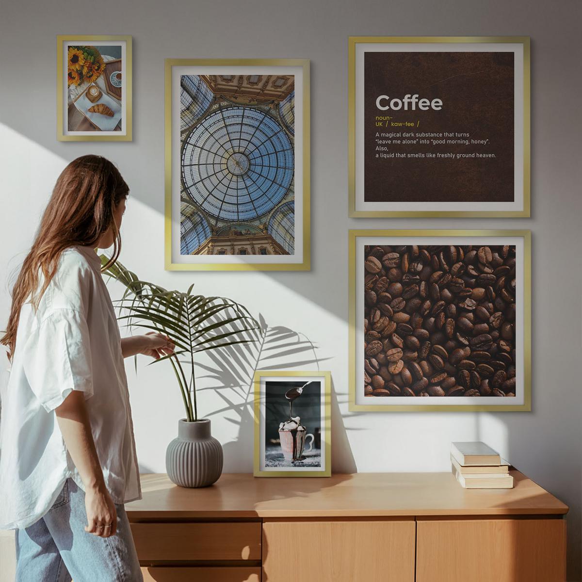 BILDER SET 5er Set - 50x50 cm & 20x30 cm & 40x60 cm Goldrahmen - Italienische Frühstückskaffeebohnen - Goldfarben, Kunststoff (40/60cm) - TULUP