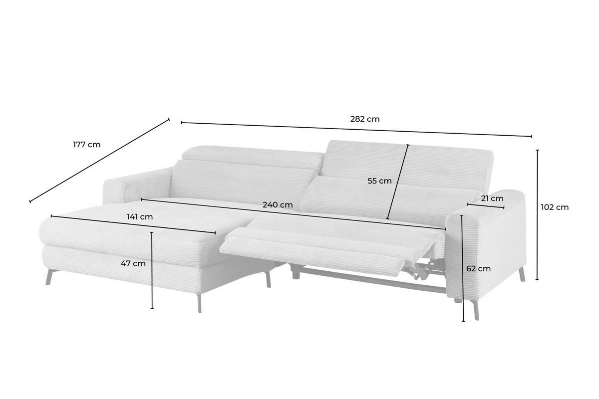 ECKSOFA LAISKA Grün Cord Relaxfunktion - Schwarz/Olivgrün, Textil/Metall (282/177cm) - KAWOLA