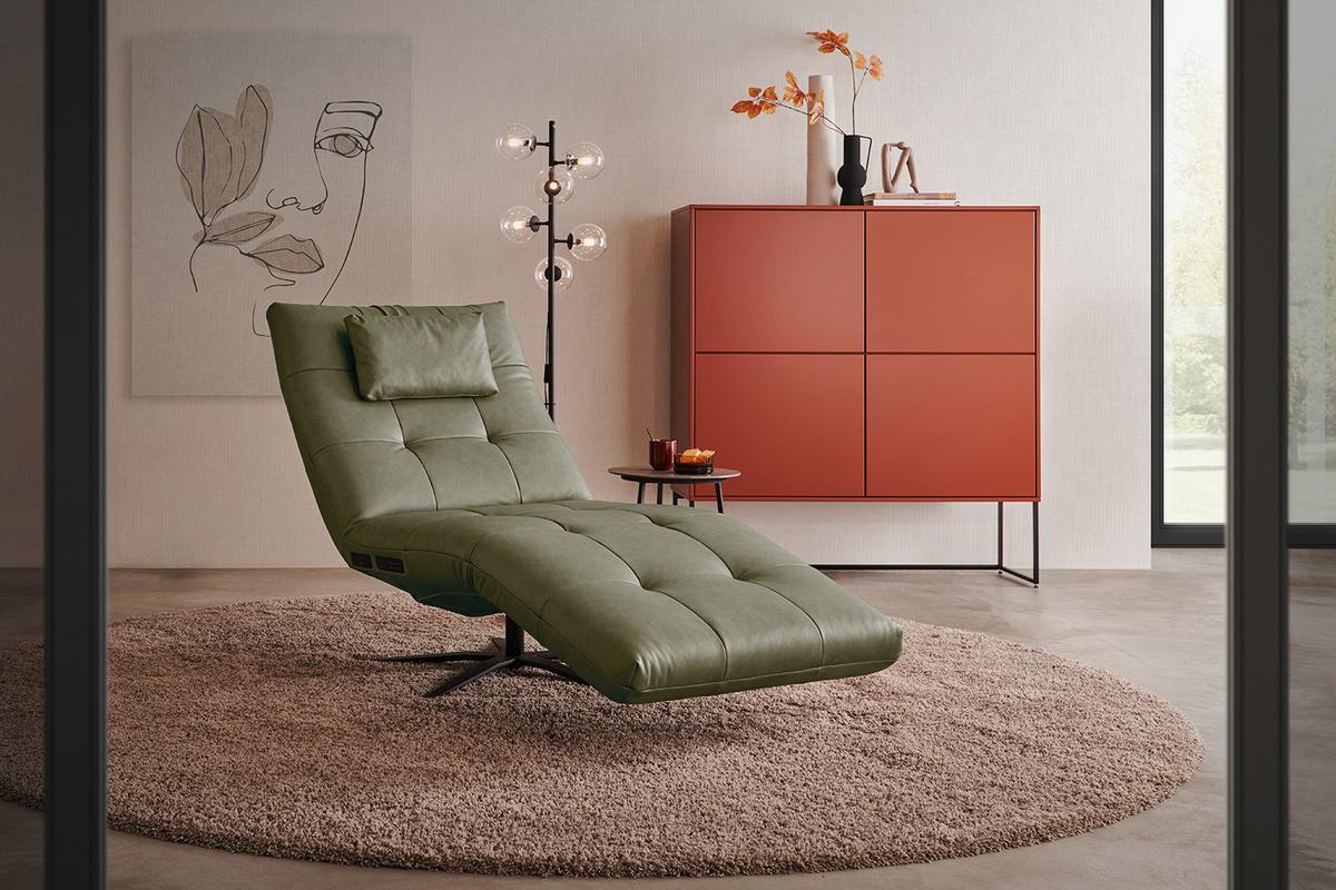 RELAXLIEGE LETICIA Grün Leder Drehbar (360°), Relaxfunktion - Schwarz/Olivgrün, Leder/Metall (82/115/156cm) - KAWOLA