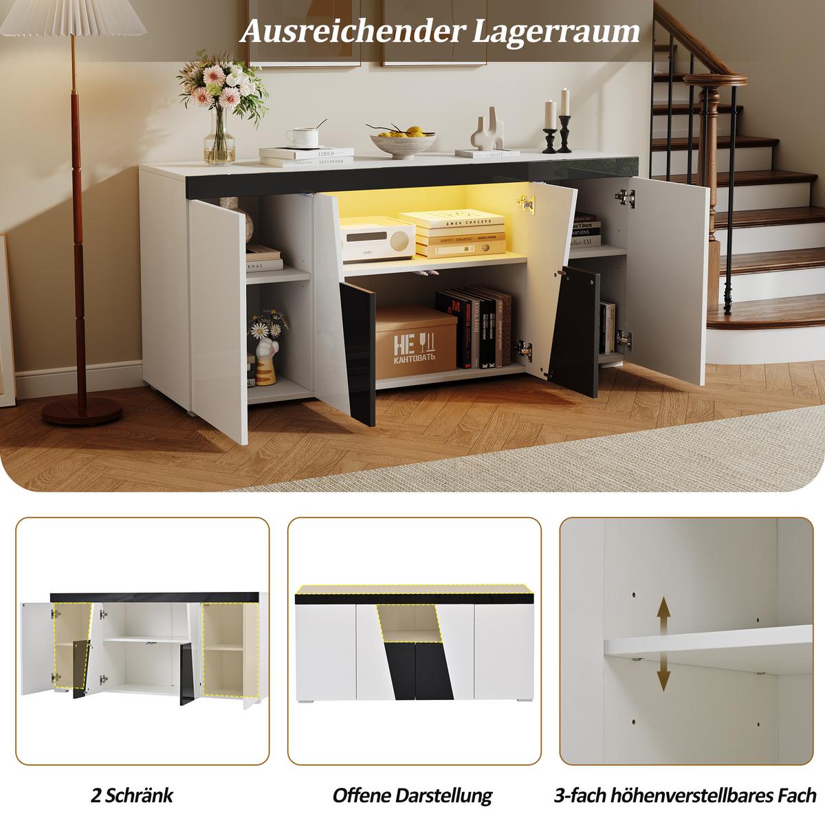 SIDEBOARD in Weiß & Schwarz mit App-LED-Lichtleiste - Weiß, Holzwerkstoff (140/65/40cm) - Urban Meuble