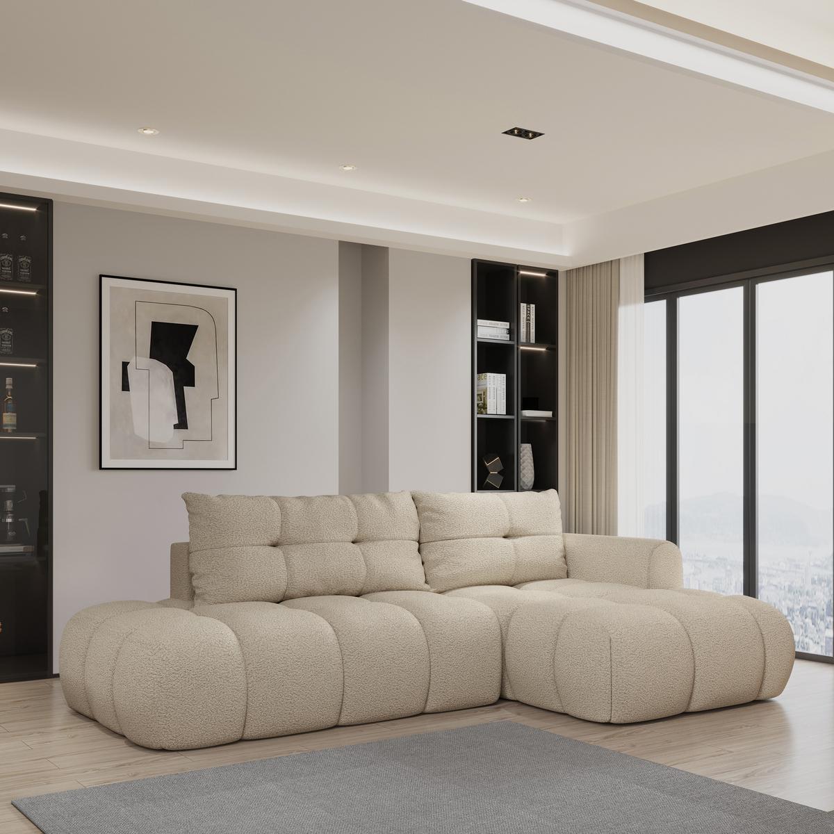 ECKSOFA FLUMA R-S Beige Boucle-Stoff mit Schlaffunktion - Beige, Holz (279/158cm) - MASSENO