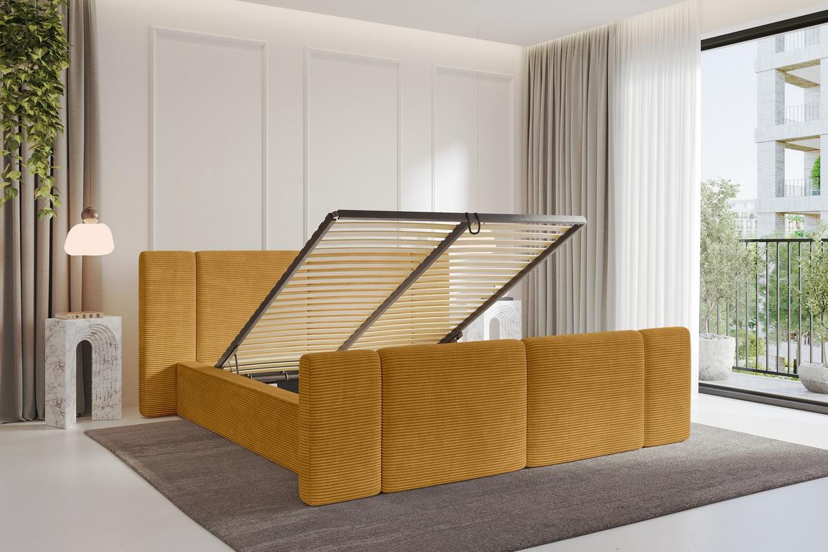 POLSTERBETT mit Bettkasten, Fußteil und Lattenrost, Bett mit Matratze H3/H4 - RIVO-Z 180x200 Senfgelb - Gelb, Holzwerkstoff/Textil (180/200cm) - ALTDECOR