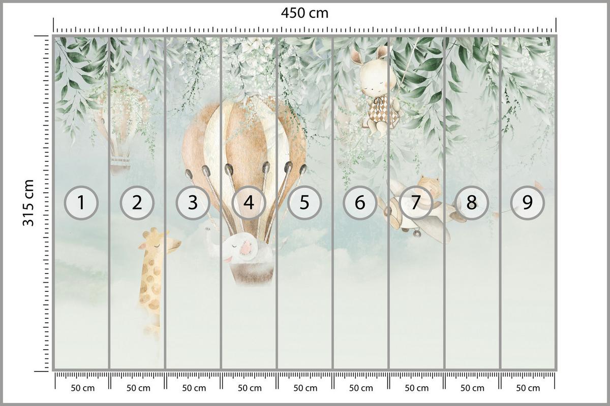 FOTOTAPETE für Kinderzimmer Tiere Wolken Ballons Giraffe Elefant 450x315 - Beige/Braun, Papier (450/315cm) - Muralo