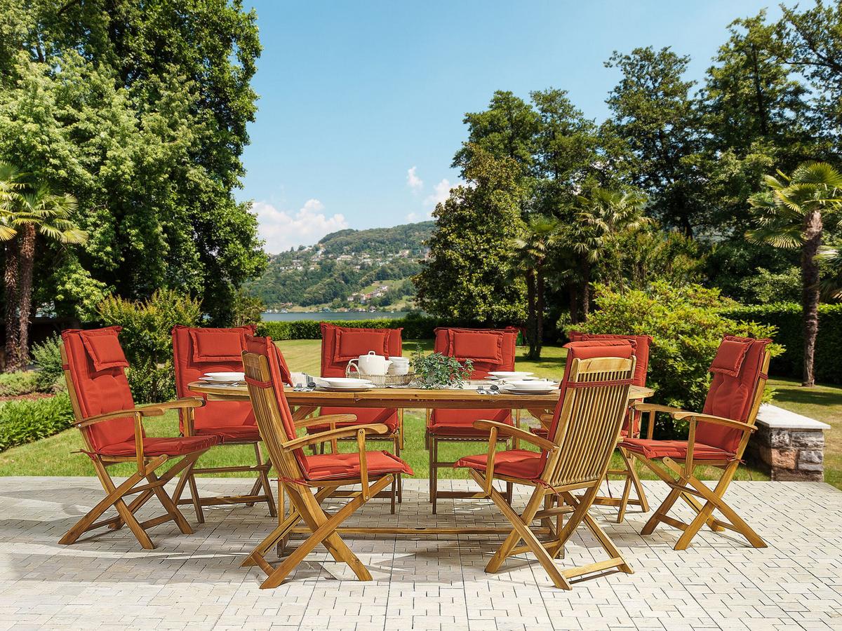 GARTENMÖBEL SET 8-Sitzer Akazienholz hellbraun Auflagen terracotta Maui - Hellbraun/Rot, Holz - Beliani