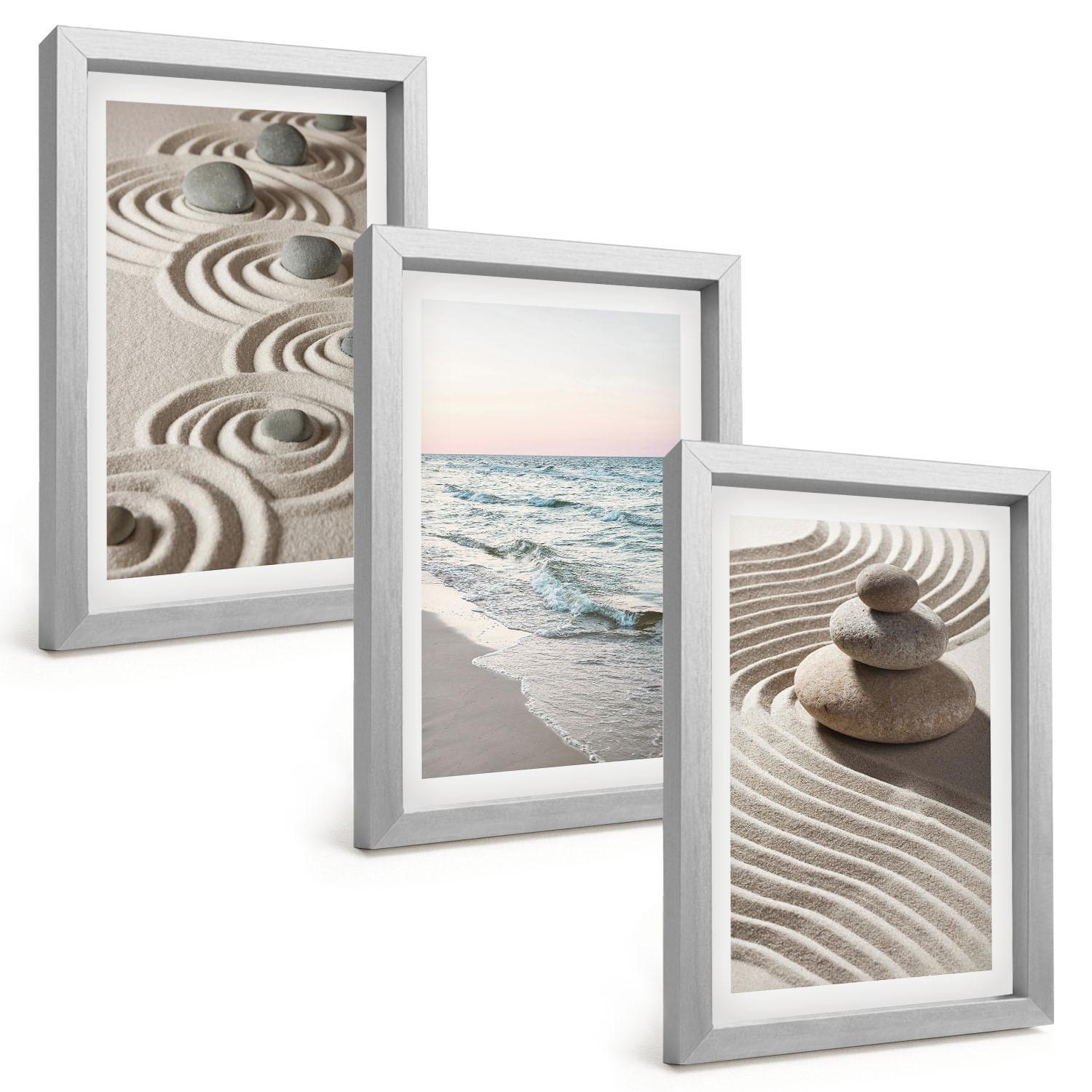 BILDER SET 3er Set - 20x30 cm Silberner Rahmen - Wellen, Sand, Wasser, Steine, Strand - Silberfarben, Kunststoff (20/30cm) - TULUP