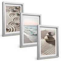BILDER SET 3er Set - 20x30 cm Silberner Rahmen - Wellen, Sand, Wasser, Steine, Strand - Silberfarben, Kunststoff (20/30cm) - TULUP