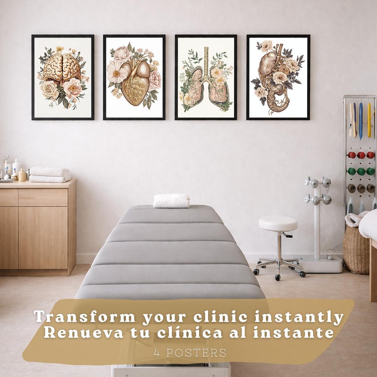 POSTER Set aus 4 Körper Anatomie Drucke mit Gehirn Herz Lungen Luftröhre Bronchien Nieren Verdauungssystem Magen Darm Größe Schwarzer Rahmen A4 - Schwarz, Papier (21/29.7/3cm) - Nacnic