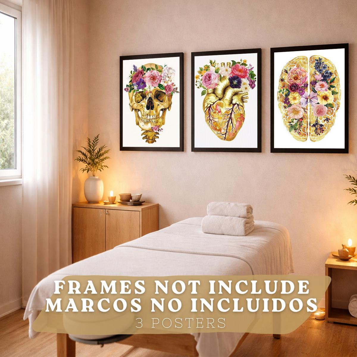POSTER Set aus 3 Anatomie Mensch Drucke und Wandbilder mit Schädel Gehirn und Herz Goldene Florale Künstlerische Illustration Größe Rahmenlos A4 - Klar, Papier (21/29.7/3cm) - Nacnic