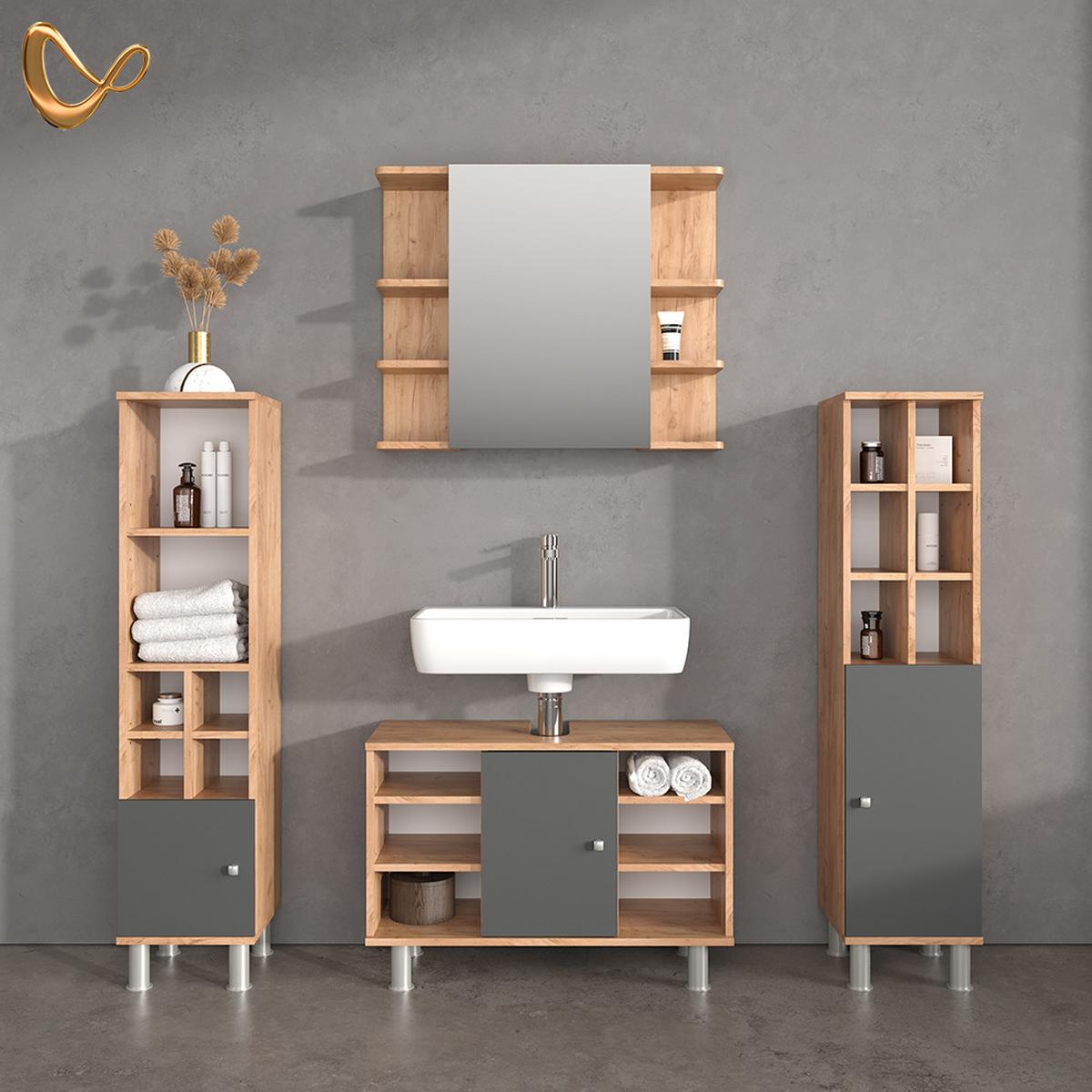 BADMÖBEL-SET Fucino Goldkraft Eiche 4 Teile, mit Midischränke - Honigeiche, Holzwerkstoff (80/54/32cm) - Livinity®