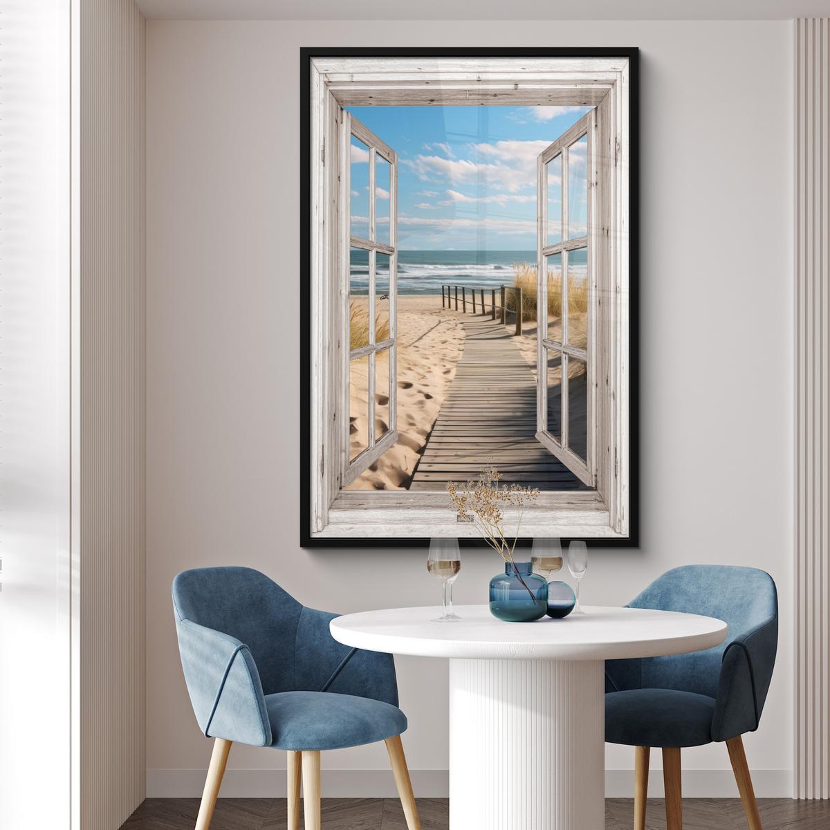 POSTER MIT RAHMEN Fenster - Meer - Küste - Natur - Ausblick - Strand - Wattenmeer Bilderleiste 80x120 cm - Beige, Papier (80/120cm) - MuchoWow