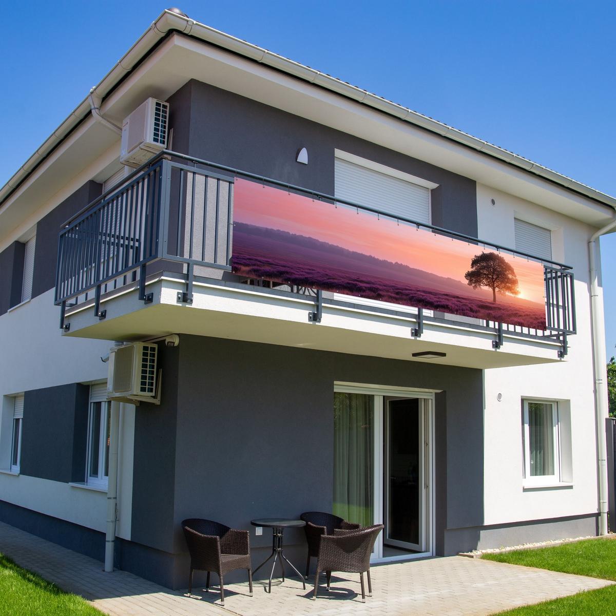 BALKON-SICHTSCHUTZ Baum - Heidekraut - Sonnenaufgang Deko XXL 500x120 cm - Flieder, Kunststoff (500/120cm) - MuchoWow