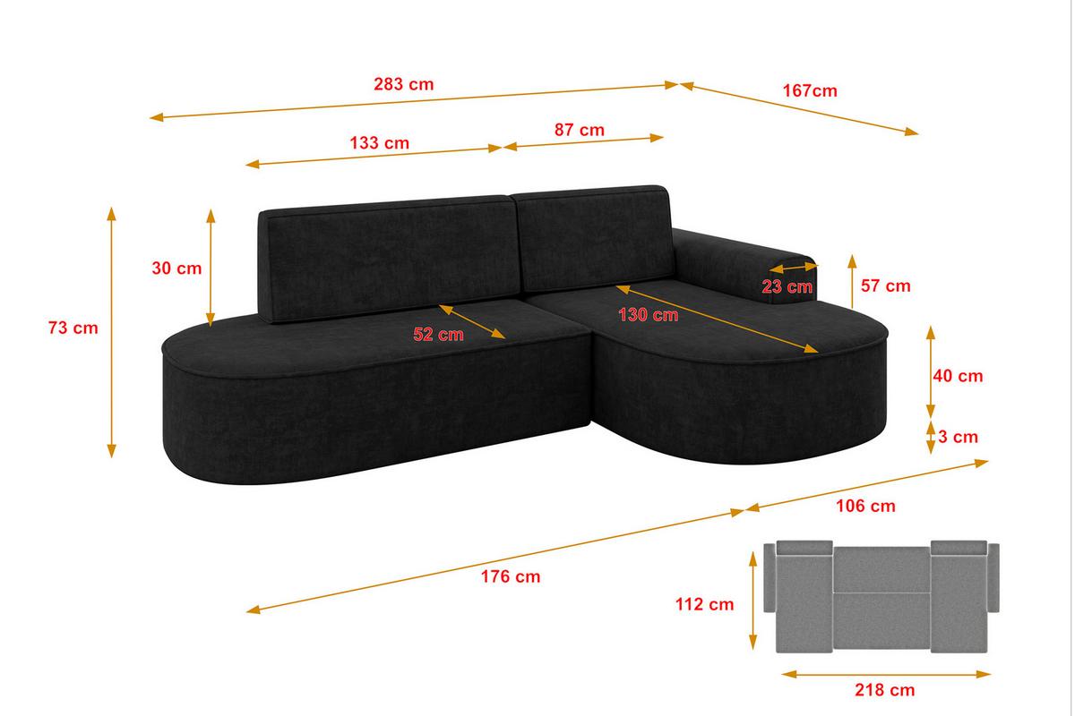 ECKSOFA mit Schlaffunktion und Bettkasten Ottomane Rechts MARI-L1-S - 283x167x73 cm Schwarz Velours - Schwarz, Holzwerkstoff/Kunststoff (167/283cm) - ALTDECOR
