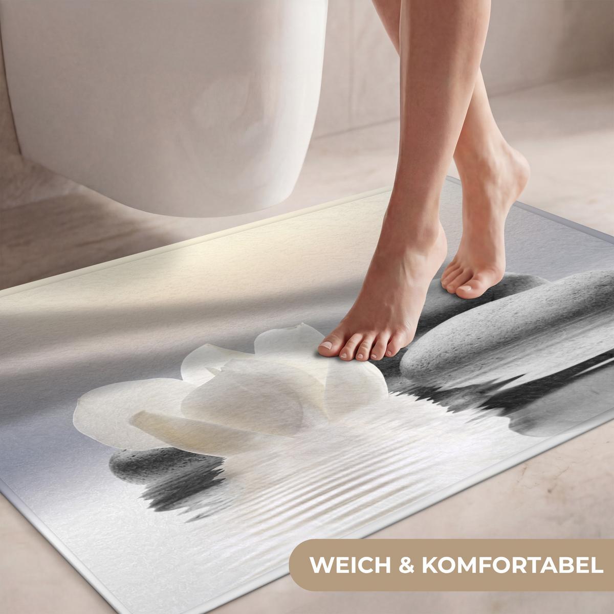 WC-VORLEGER Steine - Lotus - Weiß - Wasser - Zen Toilettenteppich 90x60 cm - Weiß, Textil (90/1cm) - OnlyWow