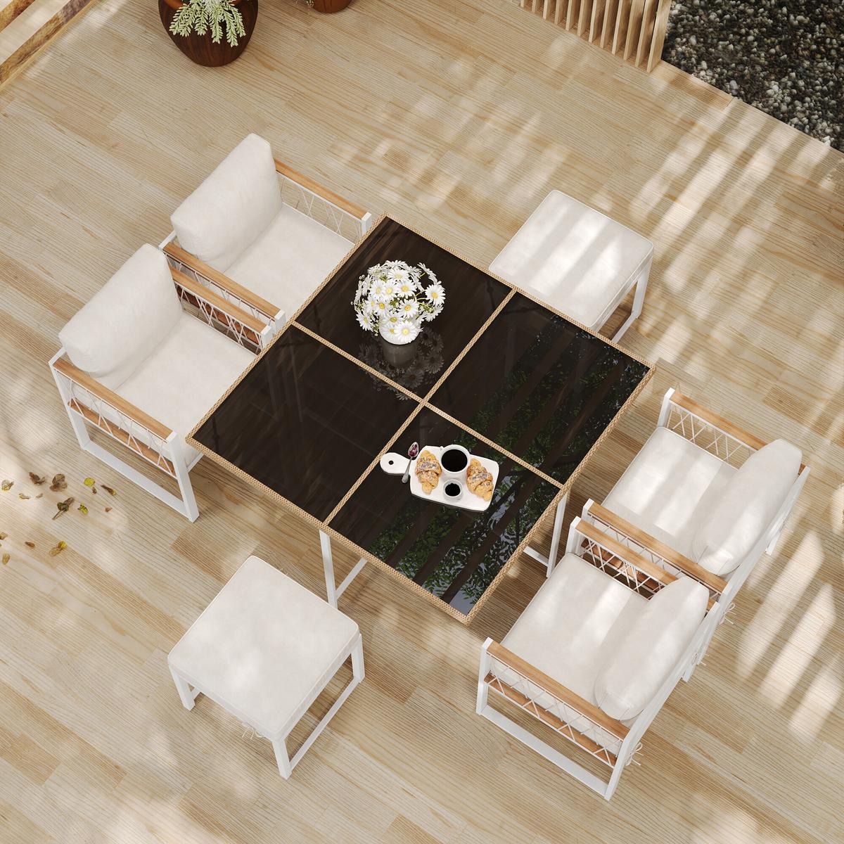 GARTENTISCH- UND STUHLSET Weiß 7tlg - Creme, Glas/Holzwerkstoff - Urban Meuble