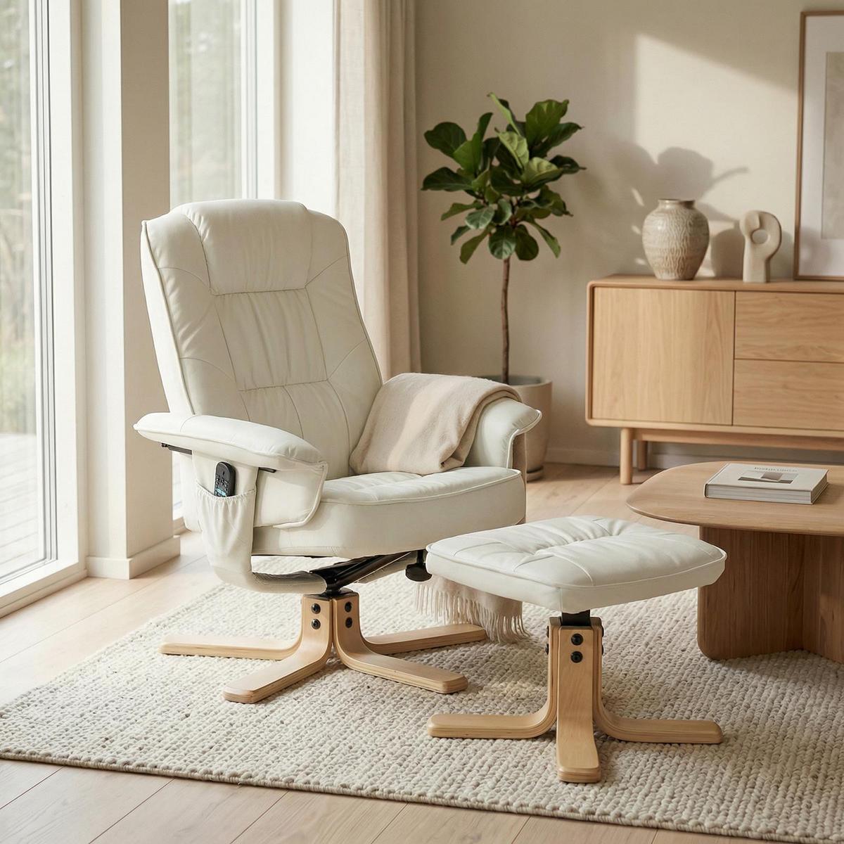 RELAXSESSEL KUNSTLEDER, SET MIT HOCKER CHARLY - Weiß, Textil (76/87/61cm) - IDIMEX