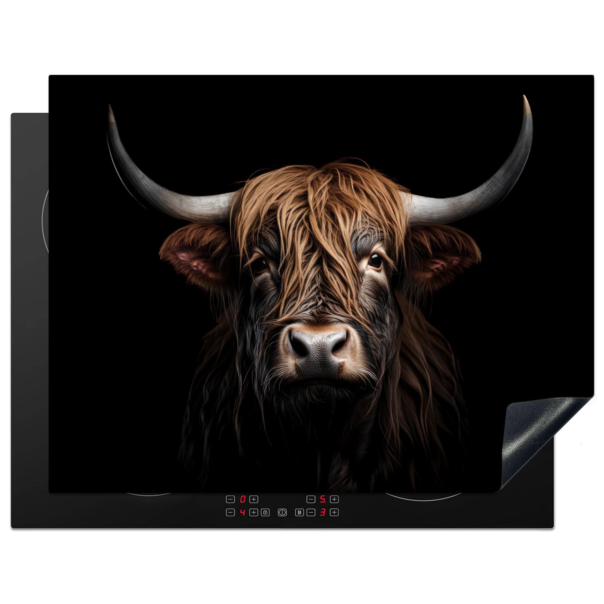 HERDABDECKPLATTE Schottischer Highlander - Porträt - Schwarz - Tier Induktionsmatte 77x59 cm - Braun, Kunststoff (77/59/0.2cm) - MuchoWow