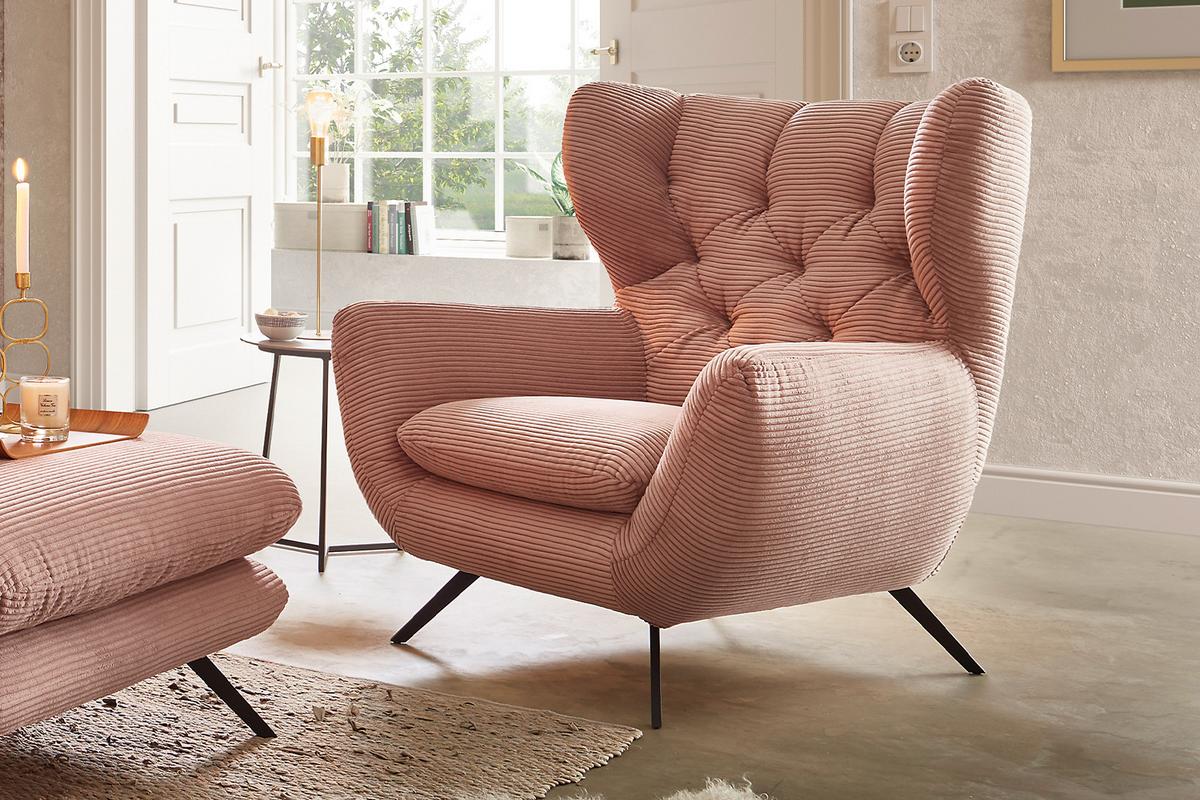 SESSEL CHARME Rosé Cord - Schwarz/Rosa, Textil/Metall (100/106/95cm) - KAWOLA
