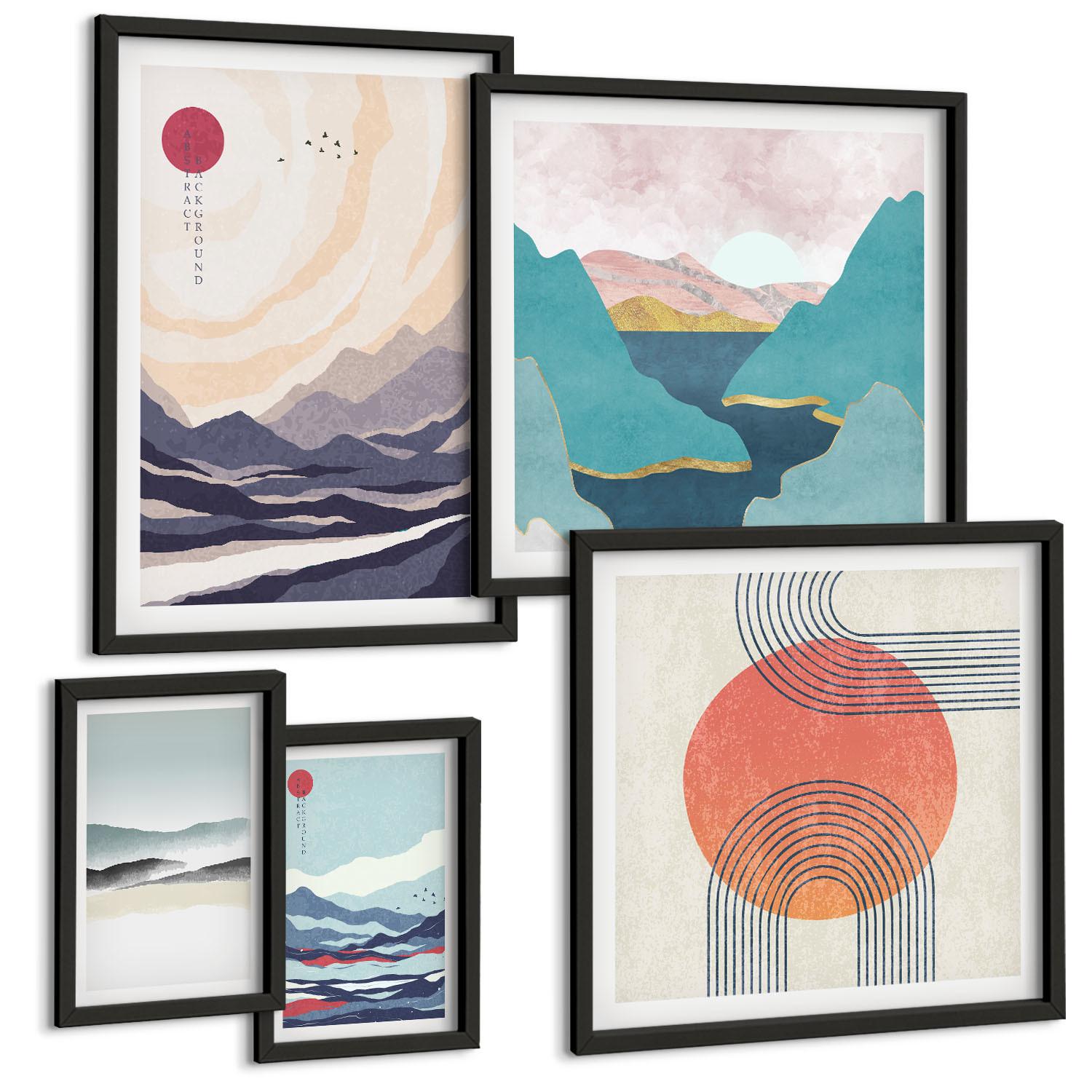 BILDER SET 5er Set - 50x50 cm & 20x30 cm & 40x60 cm Schwarzer Rahmen - Farbenfrohe Muster der Japandi-Flussberge - Schwarz, Kunststoff (40/60cm) - TULUP