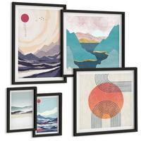 BILDER SET 5er Set - 50x50 cm & 20x30 cm & 40x60 cm Schwarzer Rahmen - Farbenfrohe Muster der Japandi-Flussberge - Schwarz, Kunststoff (40/60cm) - TULUP