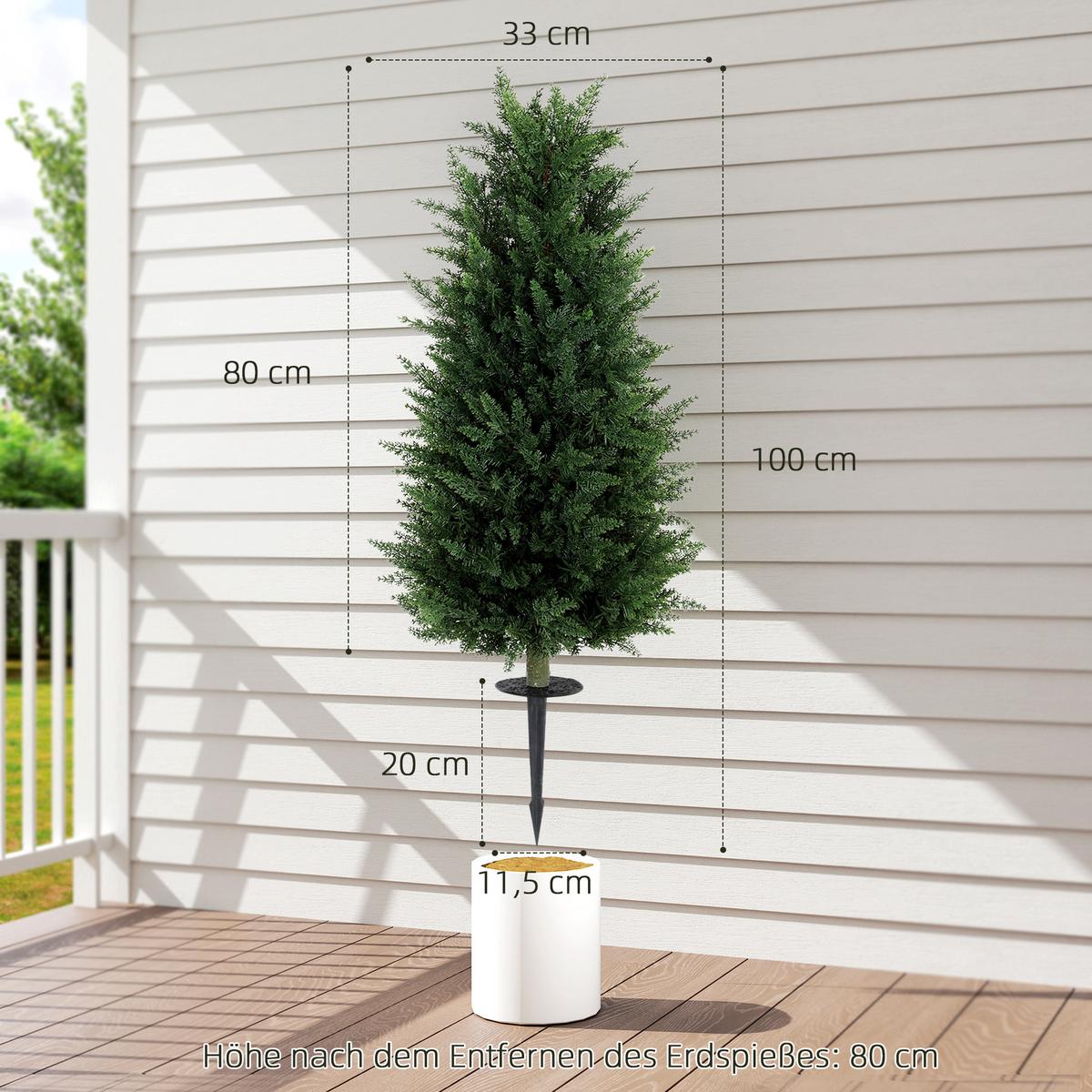 KÜNSTLICHE Zypresse 2er-Set 100 cm Plastik Kunstpflanze mit Bodenpfahl Garten - Grün, Kunststoff (100cm) - HOMCOM