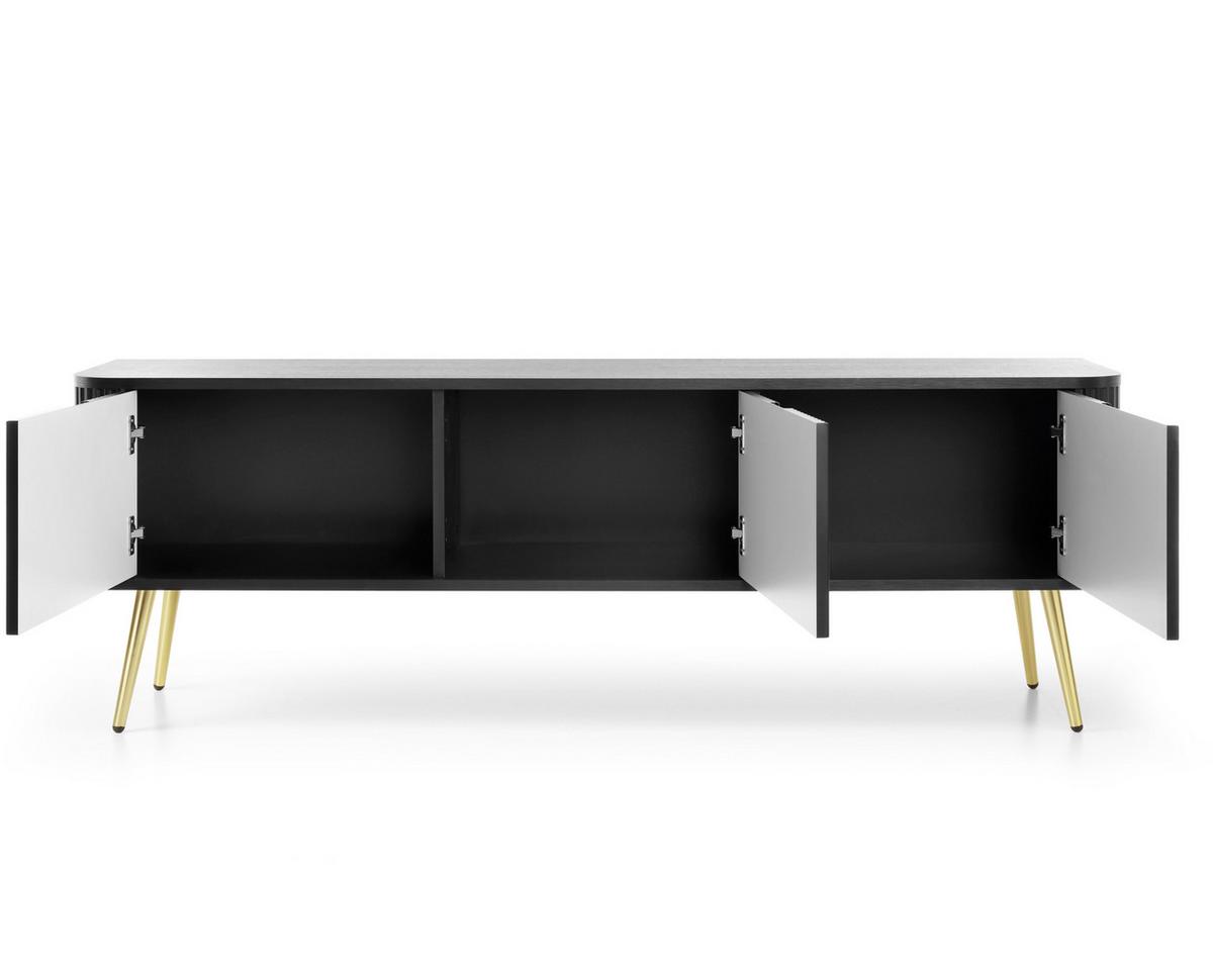 LOWBOARD Salvia 3T Schwarz, Gold 168/56/39 cm – mit geriffelten Fronten und hohen Beinen - Goldfarben/Schwarz, Holzwerkstoff/Metall (168/56/39cm) - AX Living