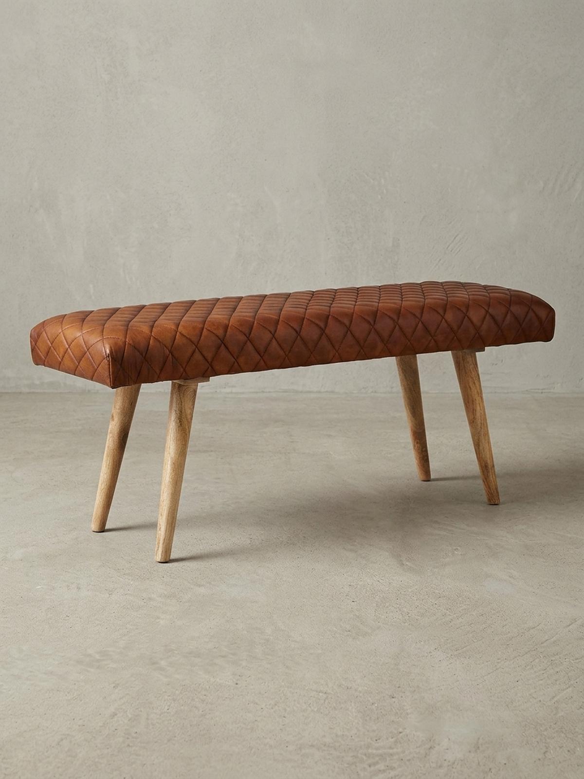 SITZBANK – Echtleder/Holz, Springbock-Stil - Braun, Mangoholz/Leder (115/53/38cm) - KADIMA DESIGN