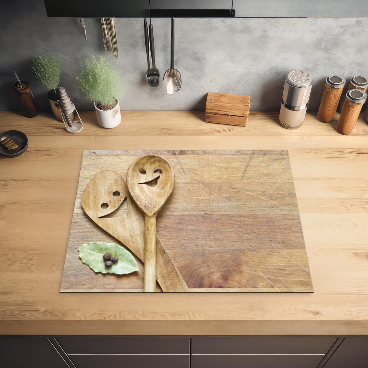 HERDABDECKPLATTE Holz - Löffel - Braun - Smiley Herdabdeckung Induktionsfeld 65x52 cm - Hellbraun, Kunststoff (65/52/0.2cm) - MuchoWow