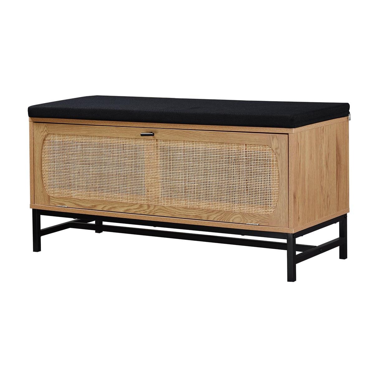 BANK mit Schuhablage und Rattanfront - L100 cm - Eschefarben, Holzwerkstoff (38/47/44cm) - Calicosy