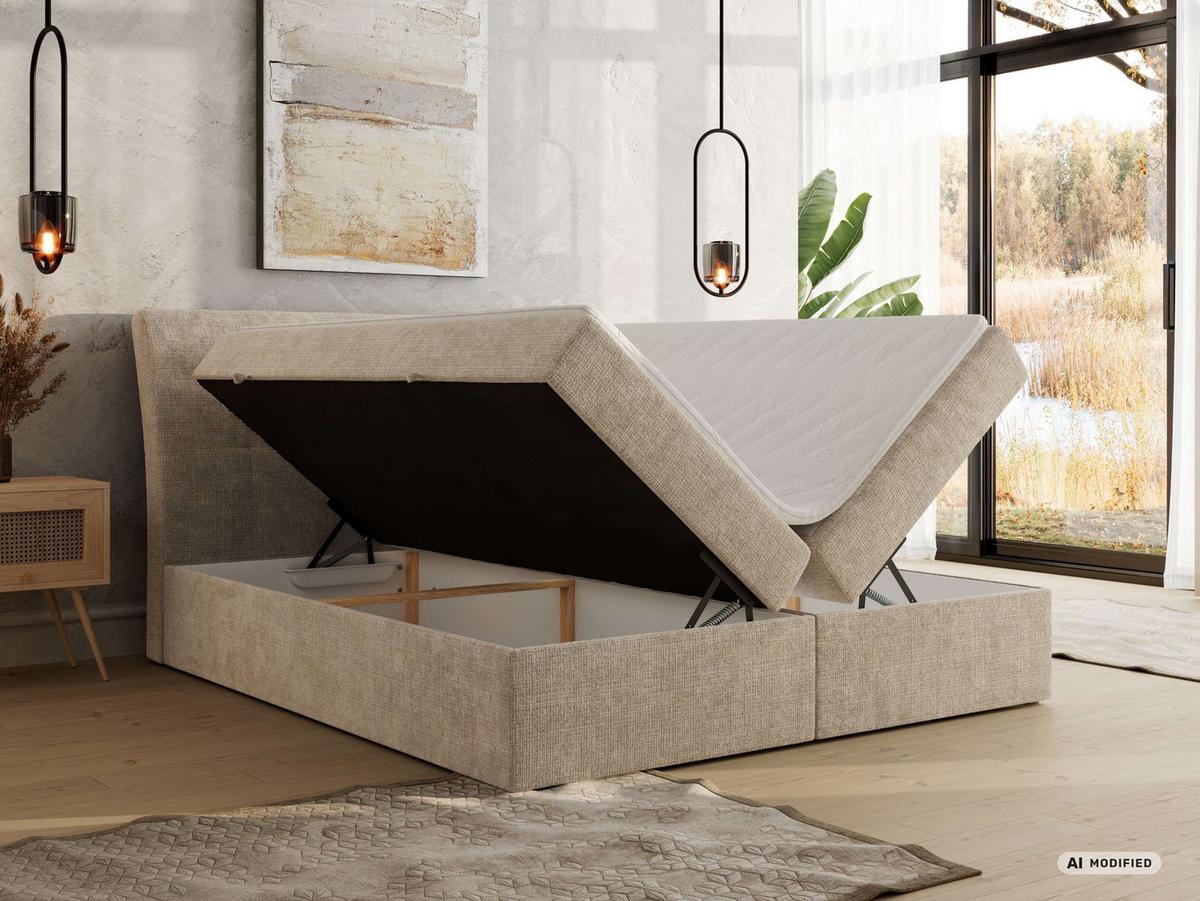 BOXBETT DAGOS 200/200 - Beige Schenille grob gewebt - Topper Visco - H3 - Beige/Schwarz, Kunststoff/Textil (200/200cm) - MKS