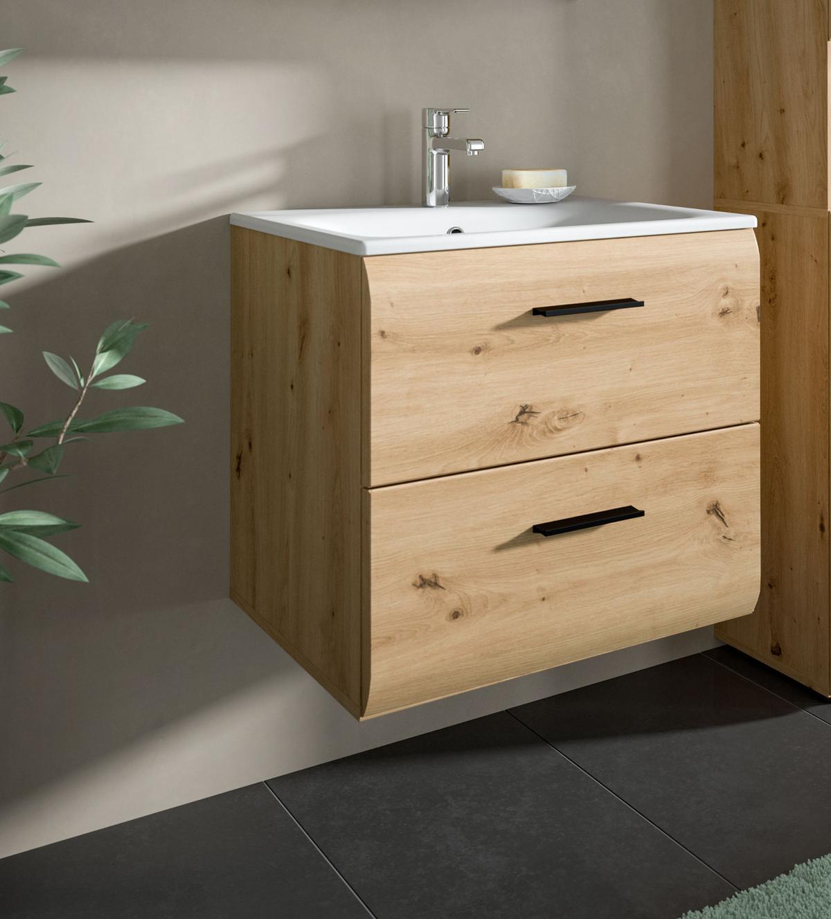 WASCHTISCH inklusive Waschbecken, Waschbeckenunterschrank Eiche hängend 60 cm - Schwarz/Eiche Artisan, Keramik/Holzwerkstoff (60/55/46cm) - Inn.Furn