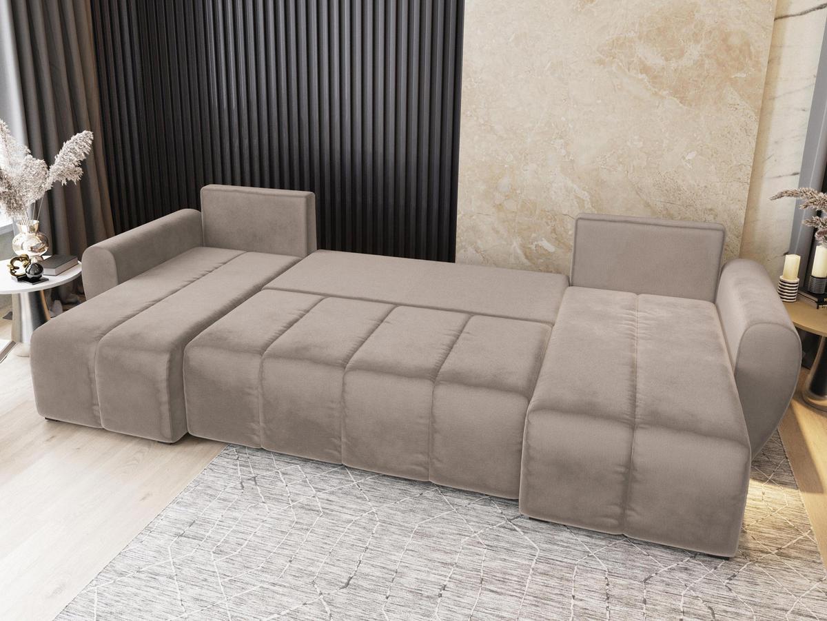 WOHNLANDSCHAFT MADISON U Beige Plüsch-Stoff mit Schlaffunktion - Beige/Schwarz, Holz/Kunststoff (311/82/145cm) - MASSENO