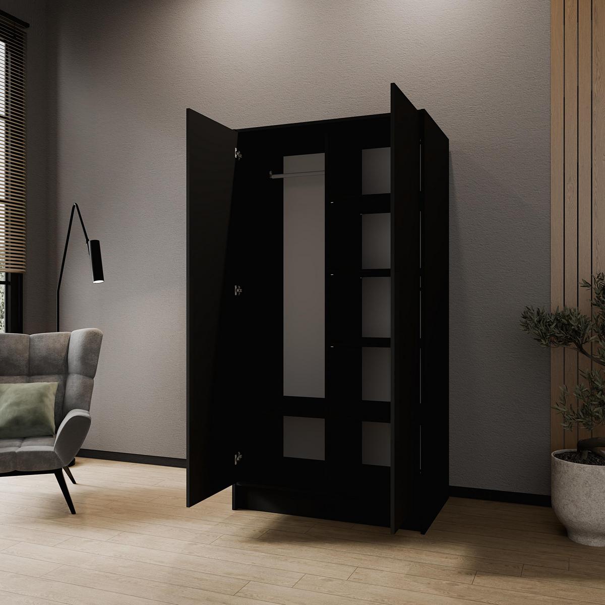 DREHTÜRENSCHRANK VELAR 102/200/51 cm Modern Kleiderschrank 2-türig Schwarz - Schwarz, Holzwerkstoff (102/200/51cm) - MASSENO