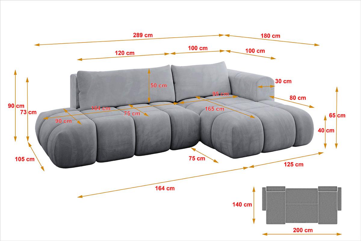 ECKSOFA Ottomane Rechts CLOUD-L 280x185x90 Hellgrau Velours - Hellgrau, Holzwerkstoff/Kunststoff (185/280cm) - ALTDECOR