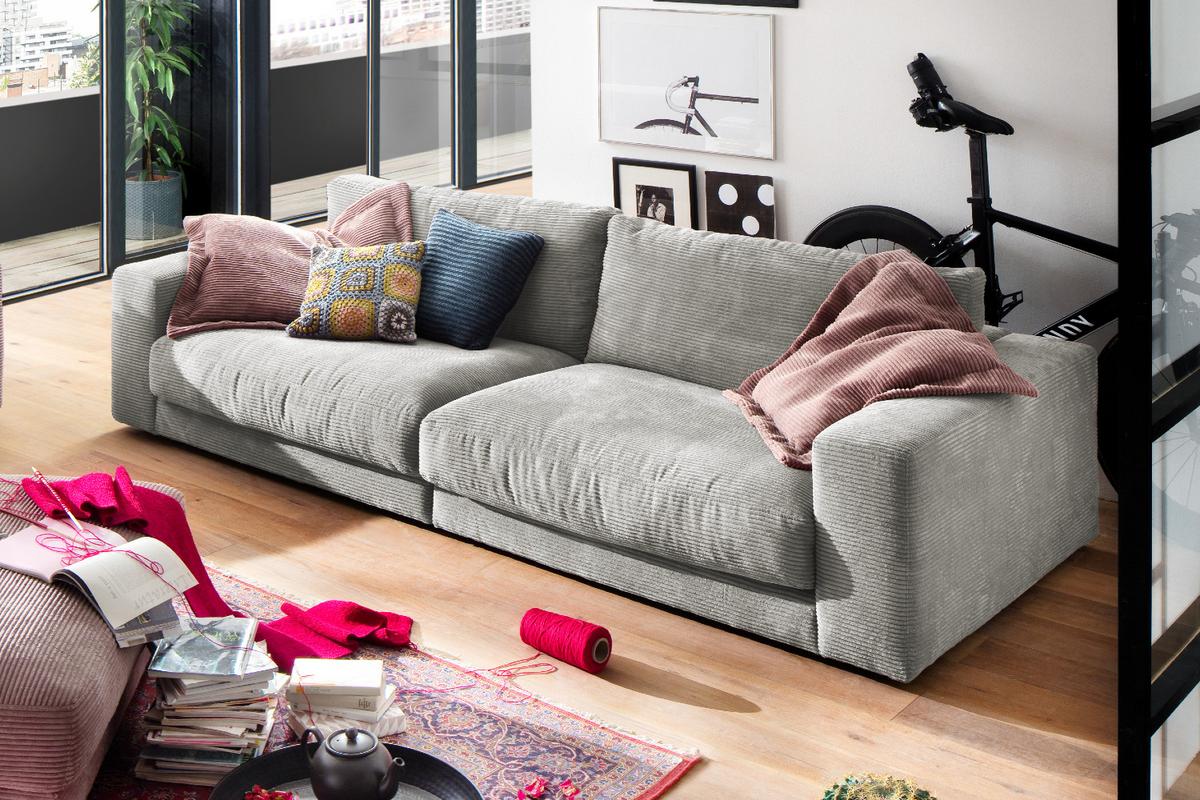 SOFA 3-SITZER MADELINE Hellgrau Cord - Hellgrau/Schwarz, Textil (290/85/127cm) - KAWOLA